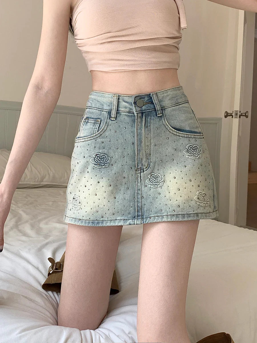 Hot Diamond Floral Denim A-line Mini Skirt