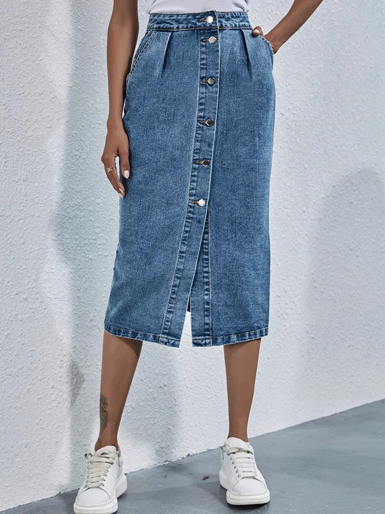 Single Breasted Knee Length Casual Pocket Straight Jeans Skirt