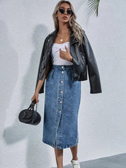 Single Breasted Knee Length Casual Pocket Straight Jeans Skirt