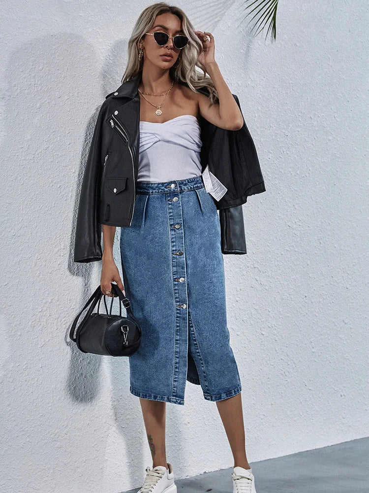 Single Breasted Knee Length Casual Pocket Straight Jeans Skirt