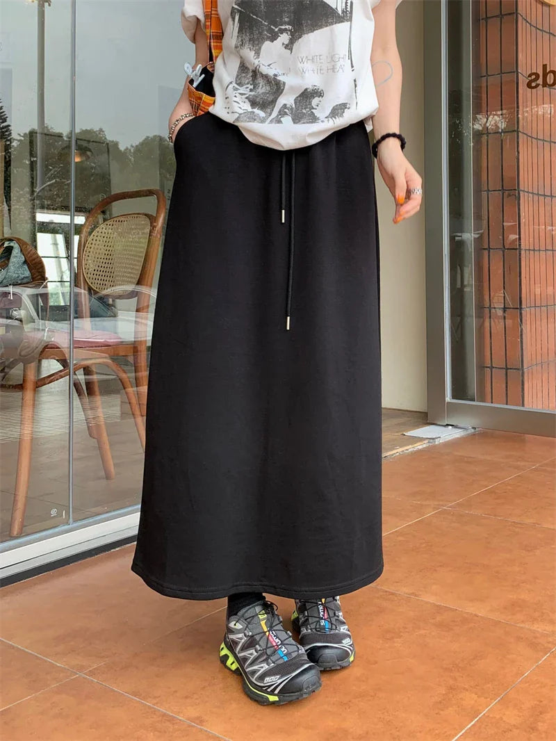 Solid Color Elastic Drawstring Straight Long Skirt