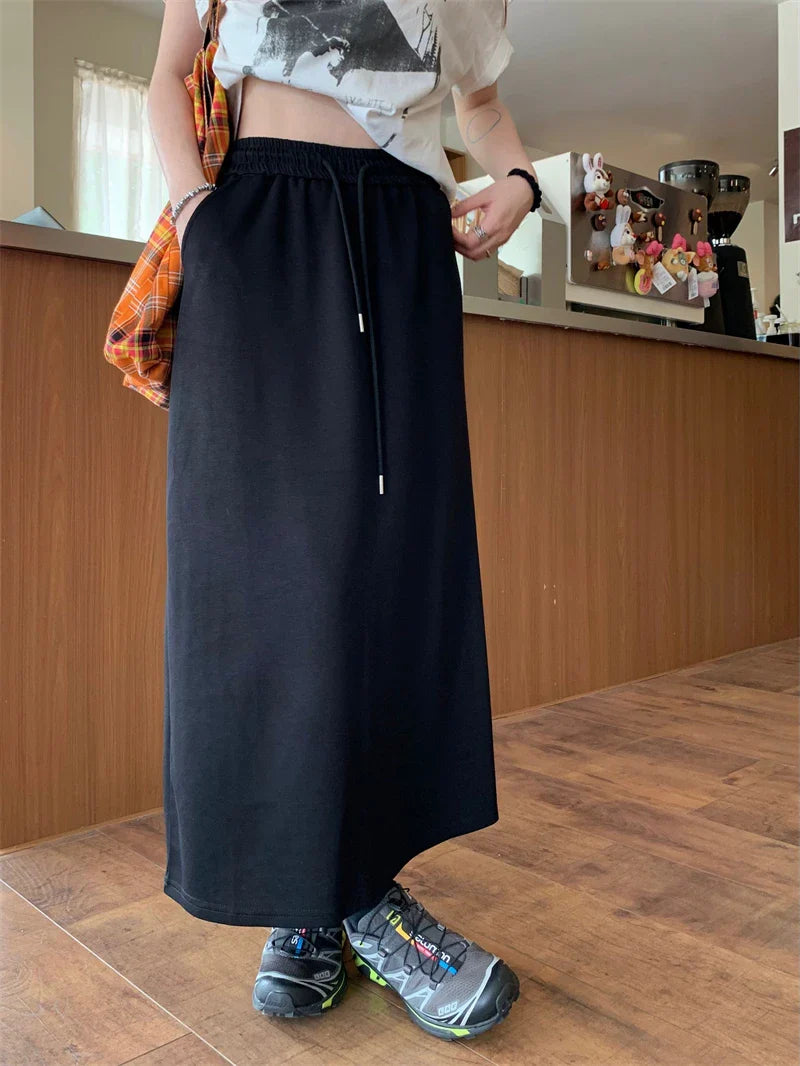 Solid Color Elastic Drawstring Straight Long Skirt