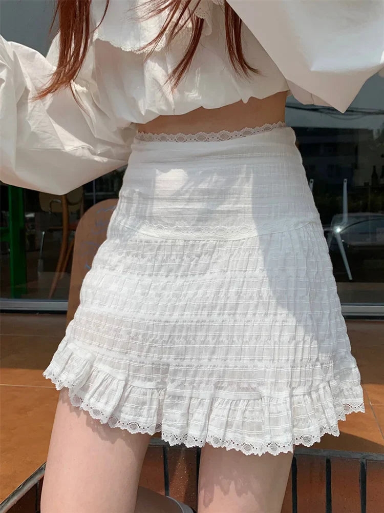 White Lace Trim Ruffled Sweet High Waist A-Line Skirt