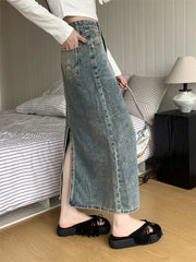 Y2k Street Retro Split Washed High Waist A-line Denim Skirt