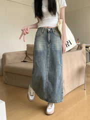 Y2k Street Retro Split Washed High Waist A-line Denim Skirt