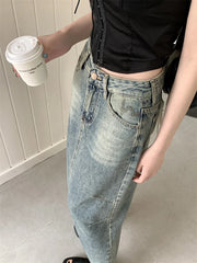 Y2k Street Retro Split Washed High Waist A-line Denim Skirt