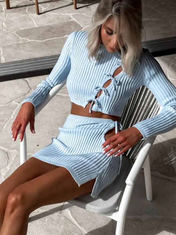 Blue Ribbed Bow Lace Up Long Sleeve Irregular Mini Skirt