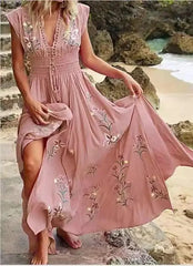 Elegant Boho Floral Print Long Dress V Neck Boho Dress