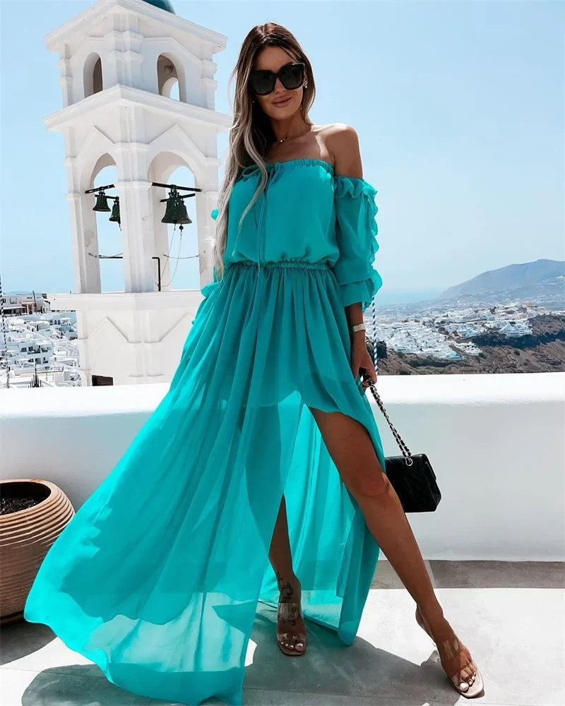 Off Shoulder Chiffon Dress with Solid Color Ruffle Beachwear Boho Dress