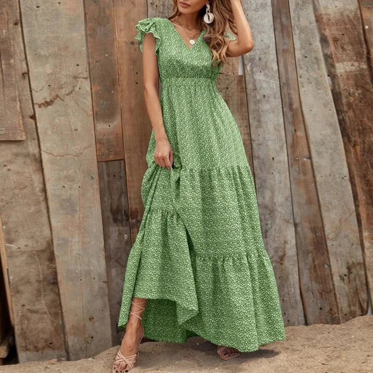 V Neck Bohemian Patchwork Ruffles Maxi Dress Boho Dress