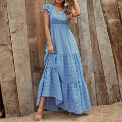 V Neck Bohemian Patchwork Ruffles Maxi Dress Boho Dress