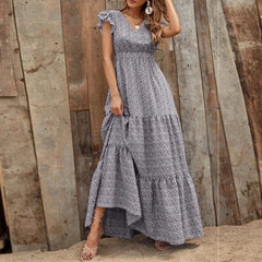 V Neck Bohemian Patchwork Ruffles Maxi Dress Boho Dress