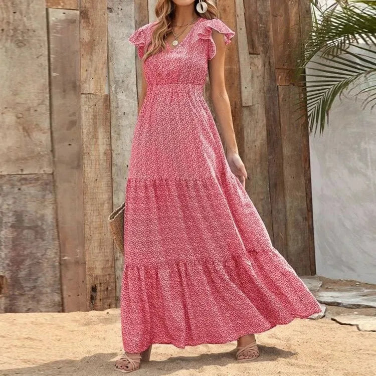 V Neck Bohemian Patchwork Ruffles Maxi Dress Boho Dress