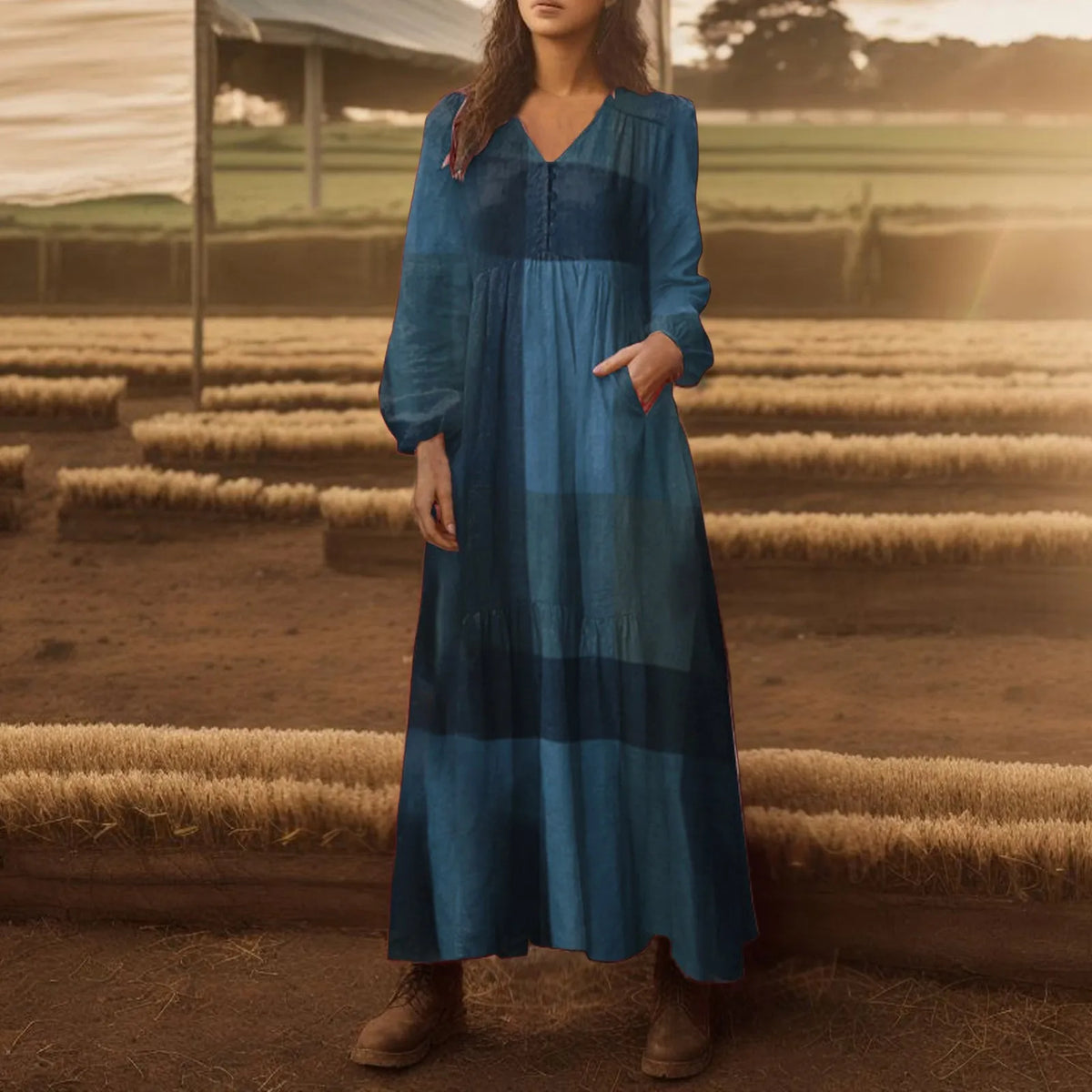 Bohemian Vintage Loose Long Sleeve New Spring Autumn 's Maxi SunCasual V Neck Plaid Dress