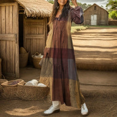 Bohemian Vintage Loose Long Sleeve New Spring Autumn 's Maxi SunCasual V Neck Plaid Dress