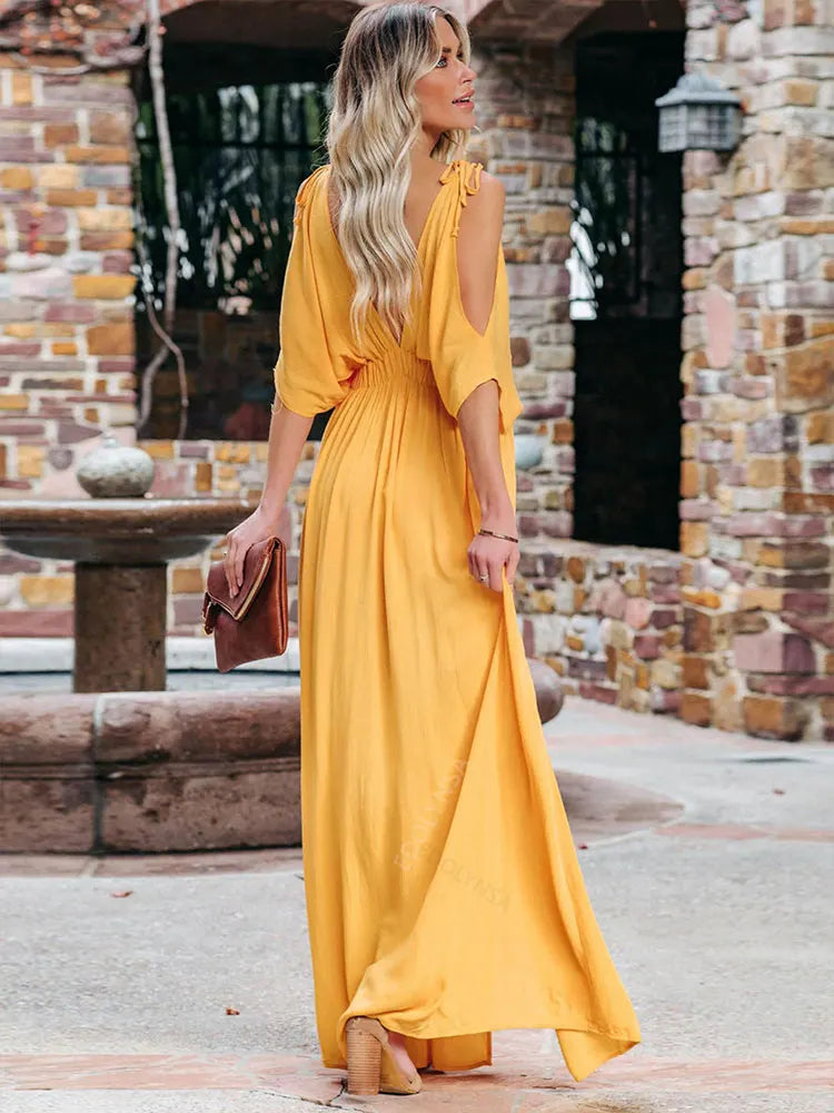 Off-Shoulder Slit Maxi Boho Beach Dress