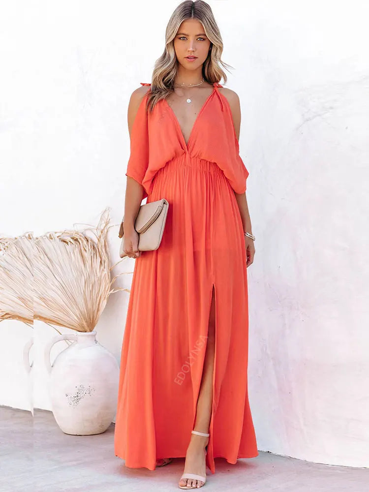 Off-Shoulder Slit Maxi Boho Beach Dress