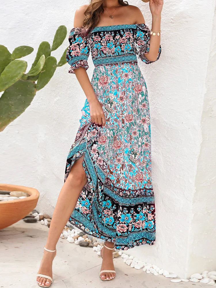 Summer Beach Bohemian Casual Boho Dress with Short Sleeves