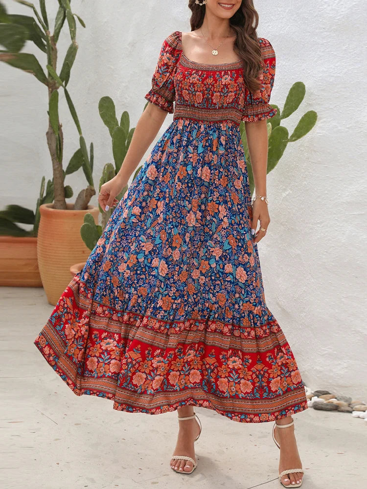 Summer Beach Bohemian Casual Boho Dress with Short Sleeves