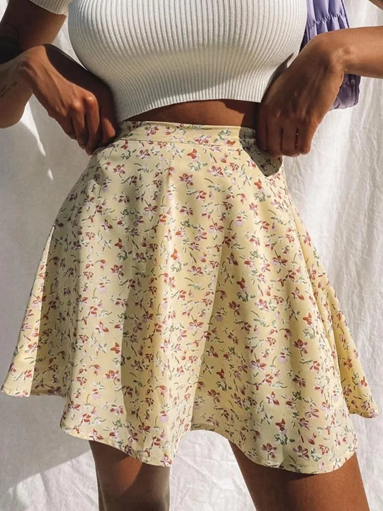 Floral Print Boho Party Skirt New High Waist Pleated  Mini Skirt