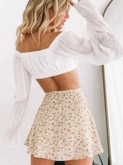 Floral Print Boho Party Skirt New High Waist Pleated  Mini Skirt