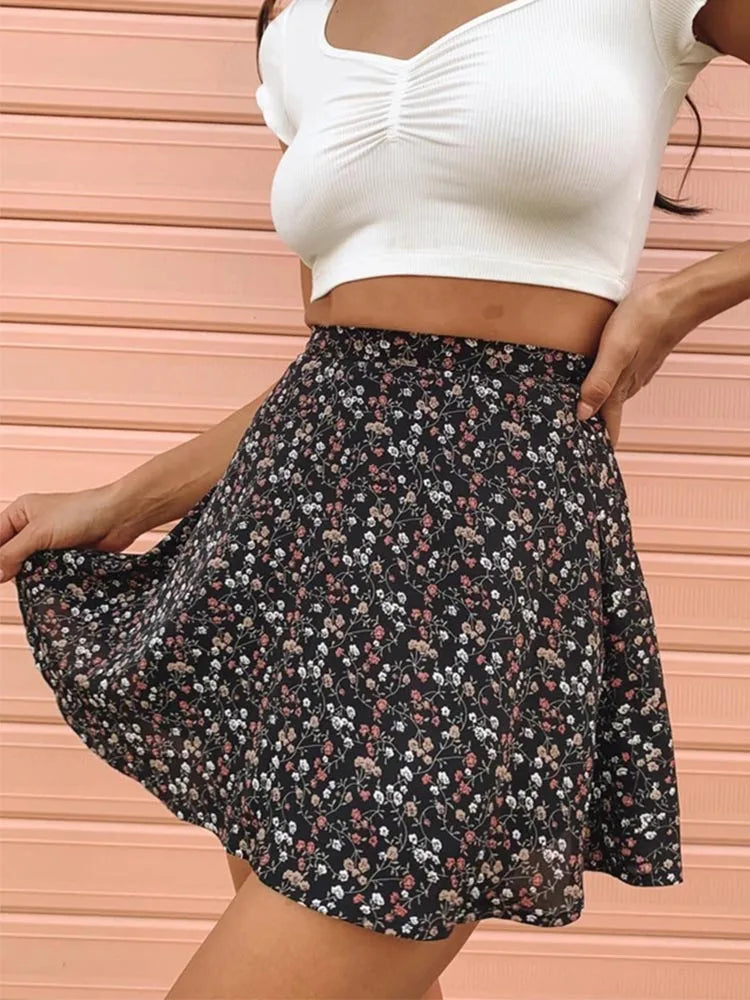 Floral Print Boho Party Skirt New High Waist Pleated  Mini Skirt