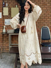 Korean Style Vintage Long Sleeve V-Neck Boho Hollow Out Maxi Dress