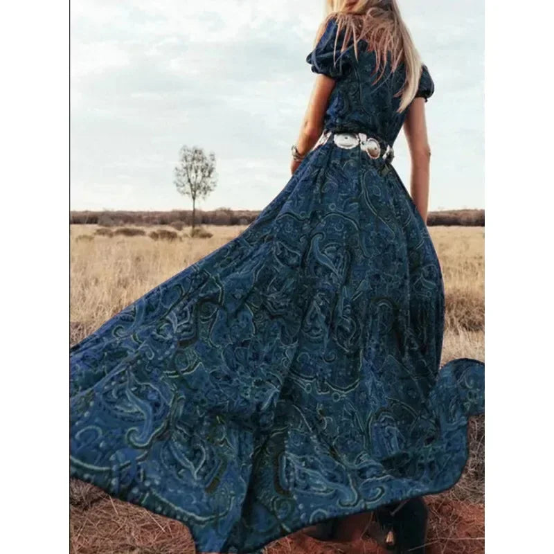 Floral Print Chiffon Three Quarter Sleeve V-neck Boho Long Dress