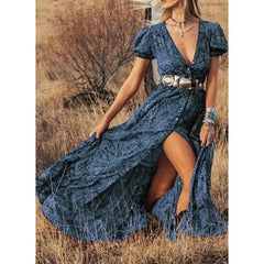 Floral Print Chiffon Three Quarter Sleeve V-neck Boho Long Dress