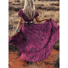 Floral Print Chiffon Three Quarter Sleeve V-neck Boho Long Dress