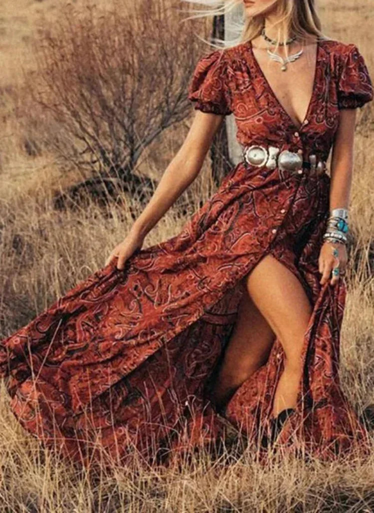 Floral Print Chiffon Three Quarter Sleeve V-neck Boho Long Dress