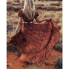 Floral Print Chiffon Three Quarter Sleeve V-neck Boho Long Dress