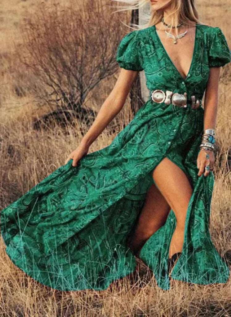 Floral Print Chiffon Three Quarter Sleeve V-neck Boho Long Dress