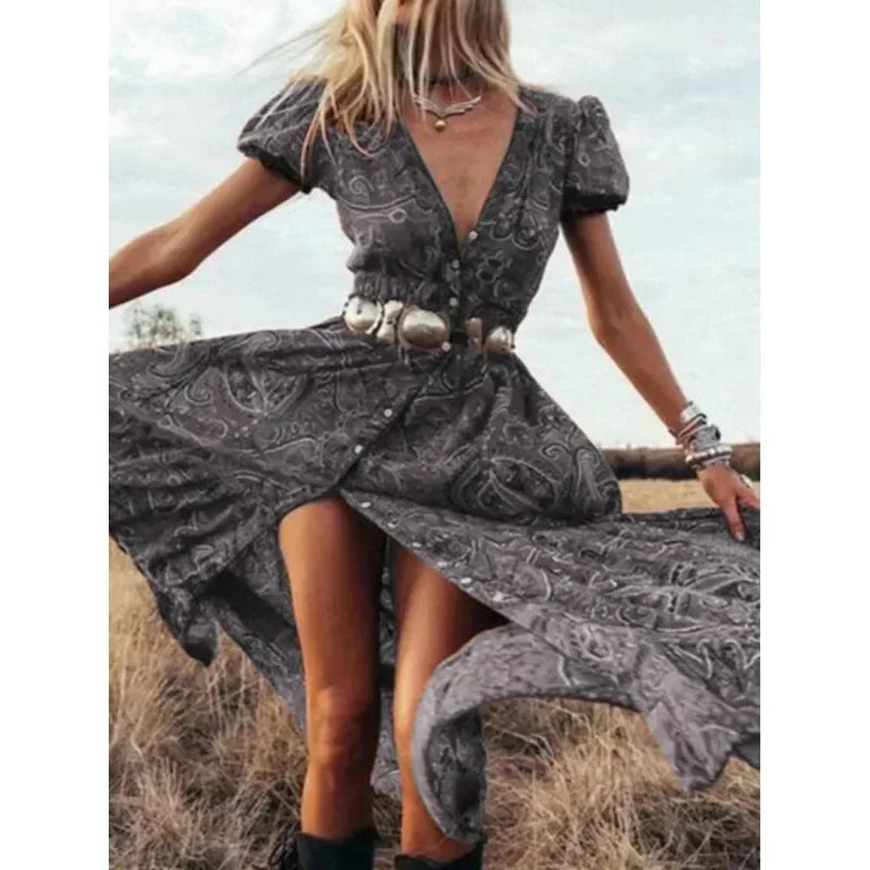 Floral Print Chiffon Three Quarter Sleeve V-neck Boho Long Dress