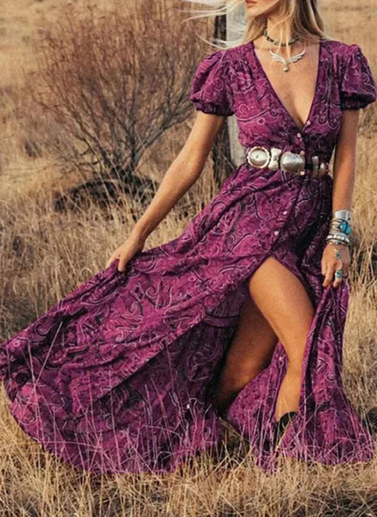 Floral Print Chiffon Three Quarter Sleeve V-neck Boho Long Dress