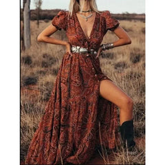 Floral Print Chiffon Three Quarter Sleeve V-neck Boho Long Dress