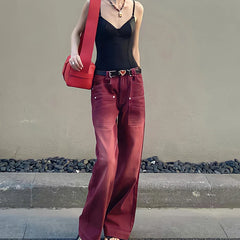 Streetwear Distressed Wide Leg Denim Trousers in Mopping Red