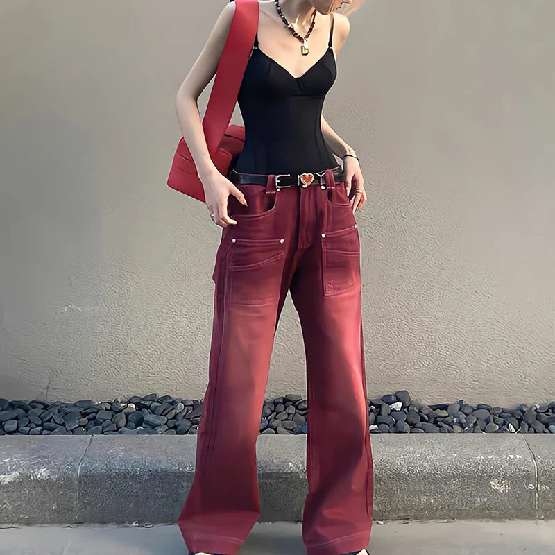 Streetwear Distressed Wide Leg Denim Trousers in Mopping Red