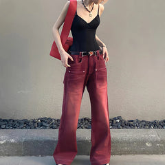 Streetwear Distressed Wide Leg Denim Trousers in Mopping Red