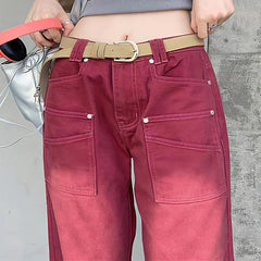 Streetwear Distressed Wide Leg Denim Trousers in Mopping Red
