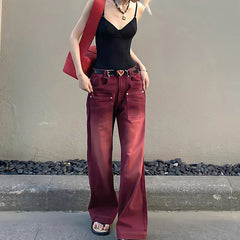Streetwear Distressed Wide Leg Denim Trousers in Mopping Red