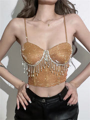 Tube Rhinestones Tassels Sleeveless Suspender Strap Vest Push Up Diamonds Bustiers Corsets Crop Top