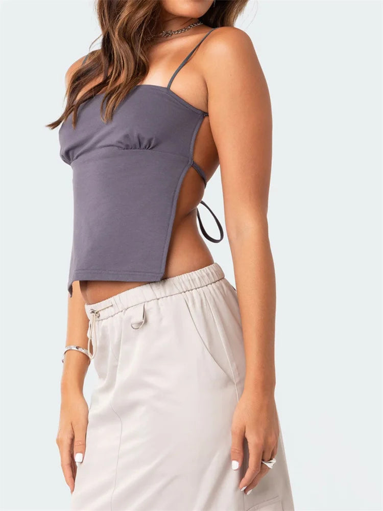 Y2K Backless Retro Tie Up Sleeveless Spaghetti Strap Summer Mini Vest Streetwear Crop Top