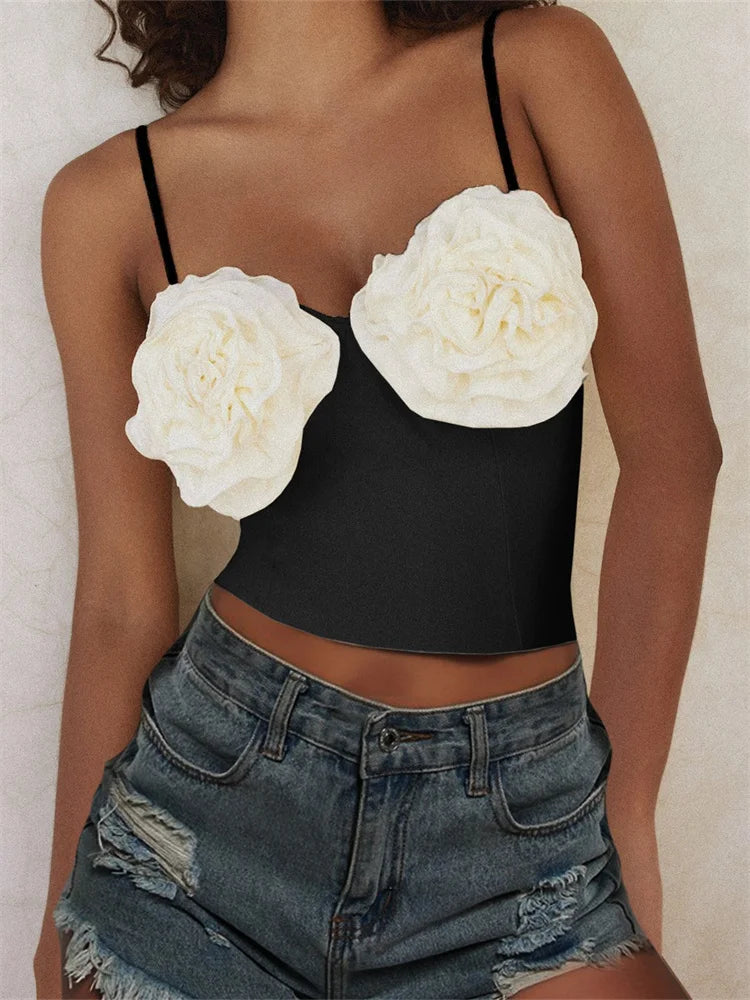 3D Flower Patchwork for  Girls Sleeveless Strap V-neck Summer Streetwear Slim Fit Mini Vest Crop Top