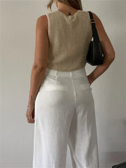 Casual  Knitted Summer Autumn Streetwear Party Mini Vest Fashion Sleeveless V-Neck Button Up Crop Top