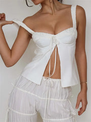 Chic Suspender Strap Summer  Sleeveless Low Cut V Neck Split Hem Vest Casual Party Club Backless Vest Crop Top