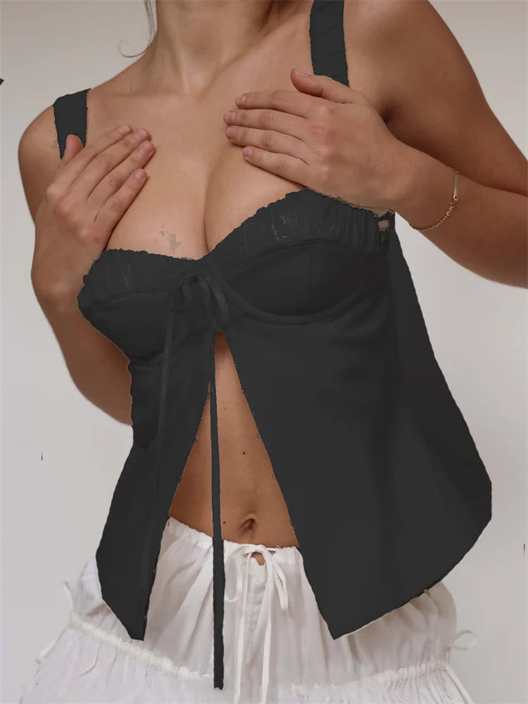 Chic Suspender Strap Summer  Sleeveless Low Cut V Neck Split Hem Vest Casual Party Club Backless Vest Crop Top