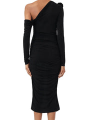 Long Sleeve Off Shoulder Ruched Slim Fit Solid Party Midi Dress