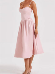 Elegant Solid Color Sleeveless Strap Low Cut Backless Formal Midi Dress