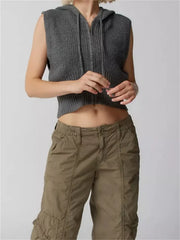 Fashion Knitted Hooded Sweater Vest Solid Color Front Zip Up Drawstring Sleeveless Cropped Streetwear  Crop Top